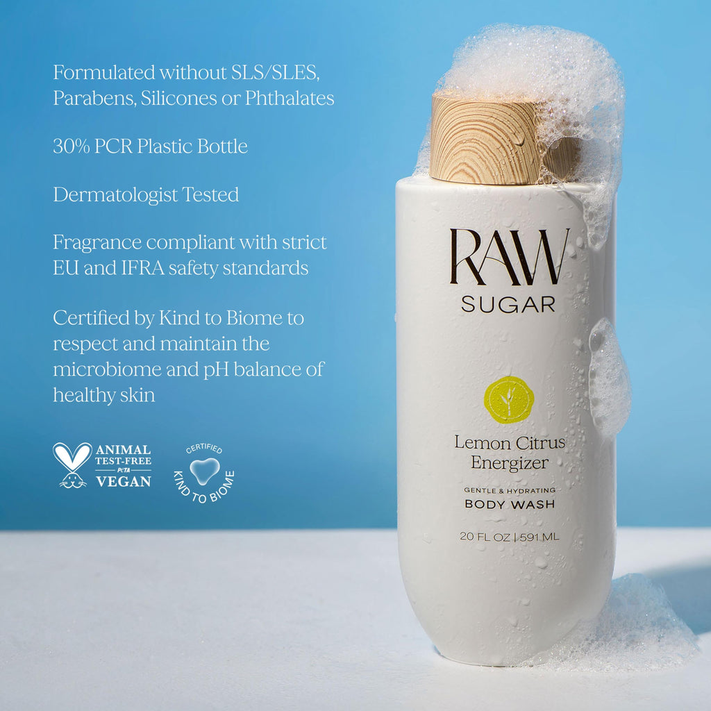 RAW SUGAR Lemon Citrus Energizer Gentle & Hydrating Body Wash, 20 Fl Oz (Pack of 1), Moisturizing & Energizing Bath & Shower Gel, Vegan, Formulated without SLS/SLES & Parabens