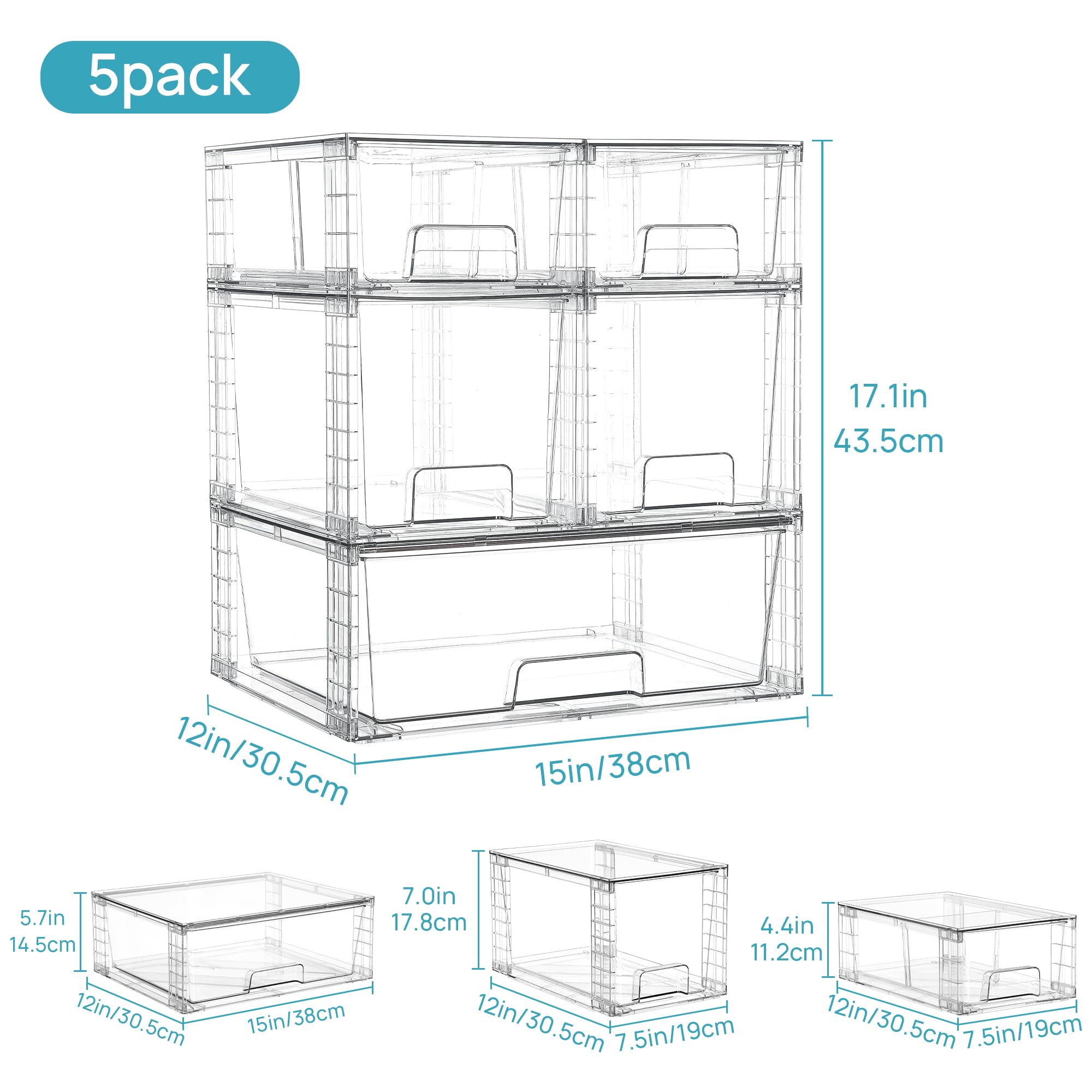 Vtopmart Clear Stackable Storage Drawers, 5 Pack Multi-Size Organizer Set