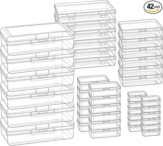 Goodma 42 Pieces Mixed Sizes Rectangular Empty Mini Clear Plastic Organizer Storage Box Containers with Hinged Lids for Small Items and Other Craft Projects