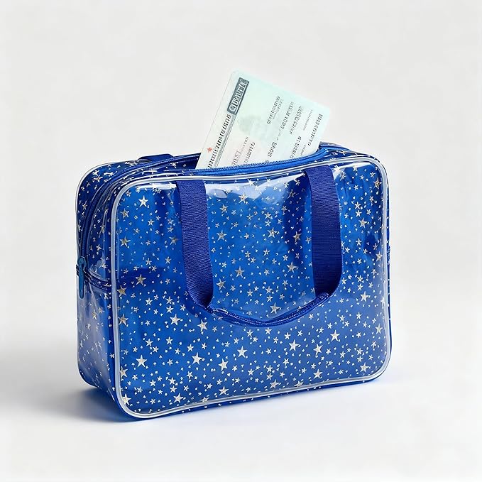 TotePrint Dark Blue Clear Star Large Cosmetic Bag and Travel Pouch with Handle,Durable Material,Zipper Design-Ideal for Makeup,Travel Essentials (Dark Blue)
