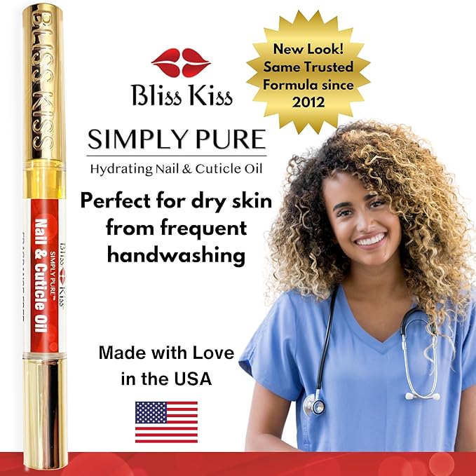 Bliss Kiss Fragrance Free Nail Oil Cuticle Pen with Vitamin E & Jojoba - Nail Strengthener Nail Growth Serum for Brittle Peeling Breaking Thin Nails