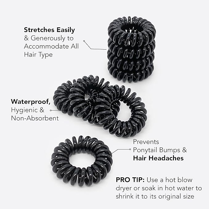Kitsch Spiral Hair Ties for Women – Coiled Plastic Hair Ties No Damage, Ponytail Holders for Thick and Thin Hair – Creaseless and Dent-Free, Phone Cord Style - Black, 8 Pcs