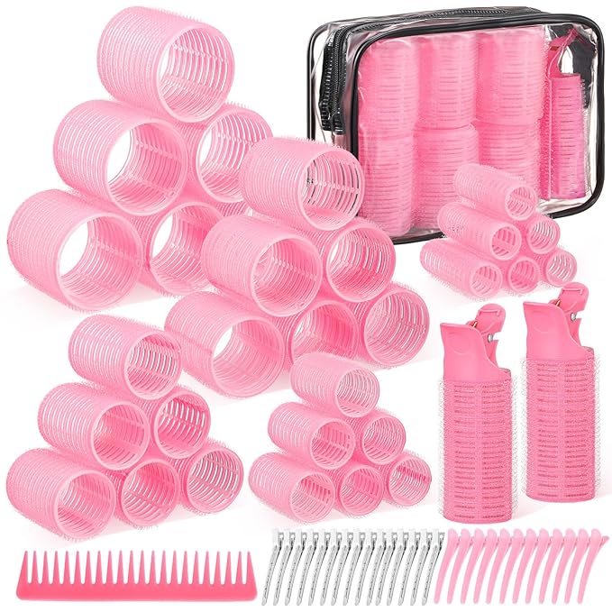 64 PCS Travel Hair Rollers Set for Women - 5 Sizes Self Grip Curlers with 2 Volumizing Roller Clips, 30 Pcs Clips & Comb in Portable Makeup Bag for Long/Medium/Short Hair & Bangs, Pink