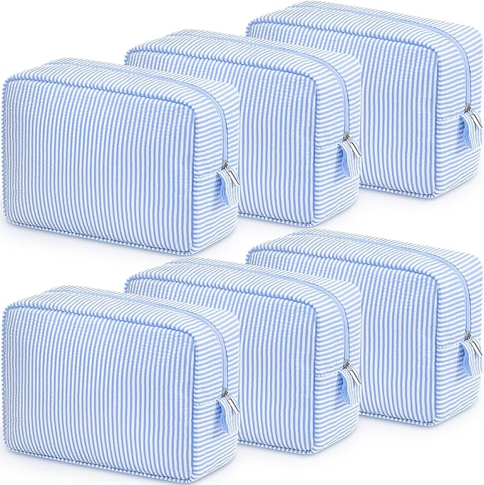 Sanwuta Seersucker Cosmetic Bag Bulk Striped Makeup Bag for Women Aesthetic Cute Travel Toiletry Organizer Preppy Storage Pouch for Wedding Bridesmaid Mother's Day Teacher Gift(Large,Light Blue,6)