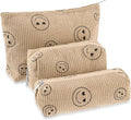 Huhumy 3 Pcs Makeup Bag Set for Women Corduroy Cosmetic Pouch Aesthetic Smile Travel Toiletry Bag Cute Purse Pouch Pencil Case Makeup Brushes Storage Organizer with Zipper(Khaki,Smile Face)