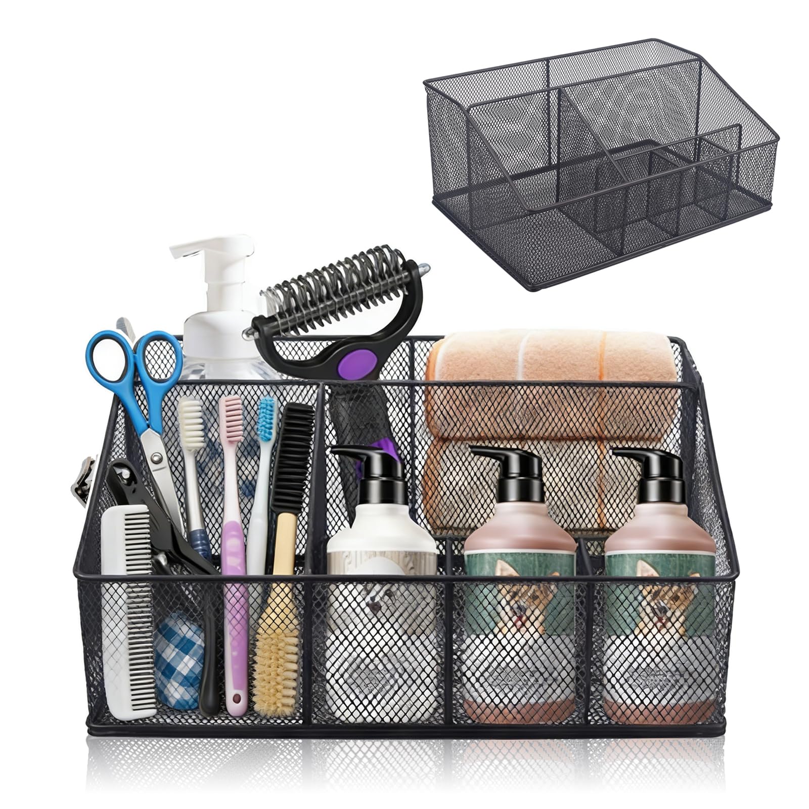 Universal Pet Grooming Supplies Organizer, Dog Storage Organizer for Grooming Supplies, 6-Compartment Mesh wire Dog Stuff Storage Organizer for Dogs Cat Grooming Blanket,Shampoo,Trimmer,Clipper,Brush