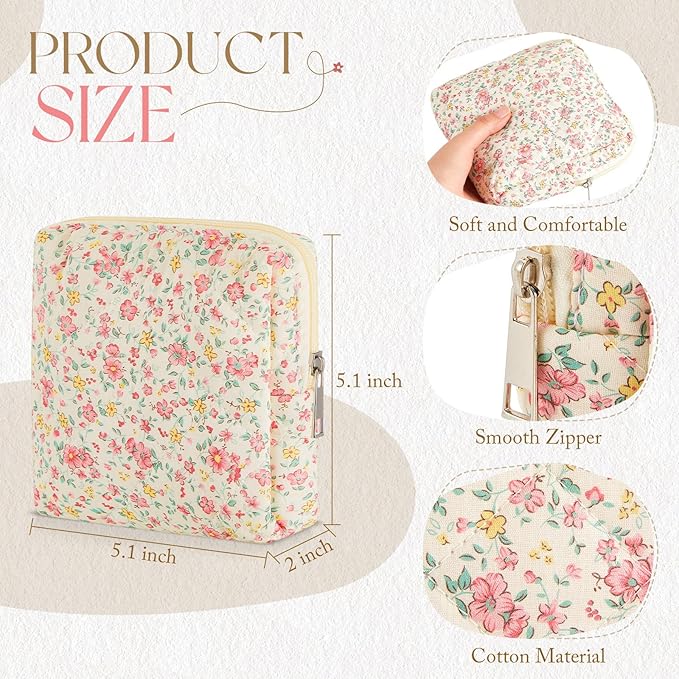 Paterr 4 Pcs Mini Quilted Floral Makeup Bag Yellow Flower Cosmetic Bag for Women Girls Small Quilted Pouch with Zipper Cute Cotton Travel Toiletry Bags for Back to School Teacher Students Gifts