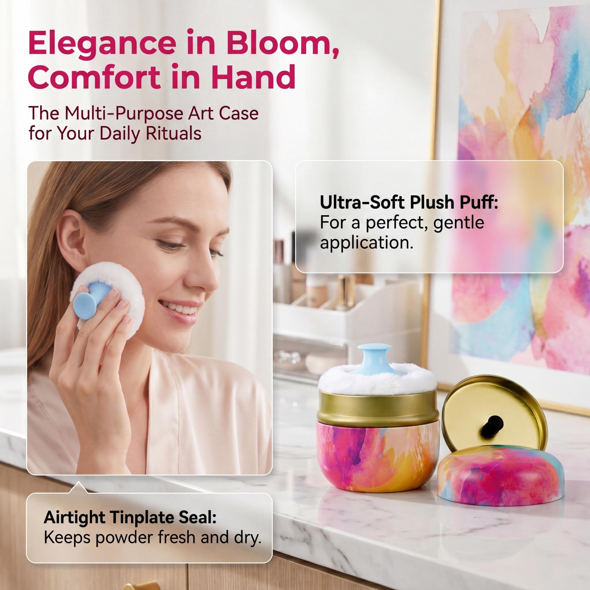 Body Powder Case with Powder Puff Powder Container Tea Canister for Baby and Adult Body Talcum Powder Tea Box (Rainbow)