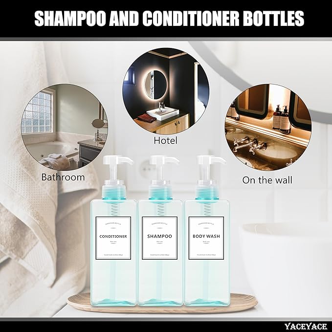 Blue Shampoo and Conditioner Bottles, YACEYACE 16.9oz Set of 3 Blue Clear Empty Shampoo and Conditioner with Pump, Dispenser Shampoo Conditioner, Body Wash Dispenser