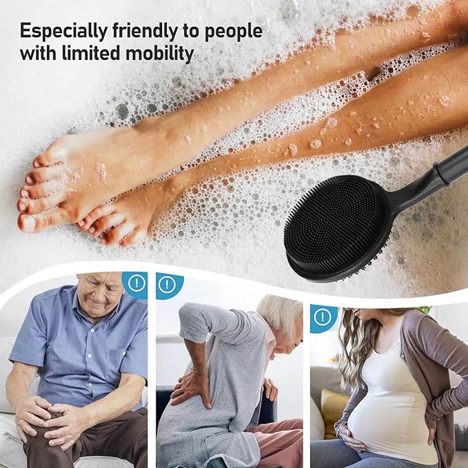 OZNER 24 Inches Silicone Back Scrubber for Shower - Extendable Long Handle Shower Brush with Dual-Sided Bristles - Exfoliating Body Scrubber for Sensitive Skin - Perfect for Men & Women (Black)