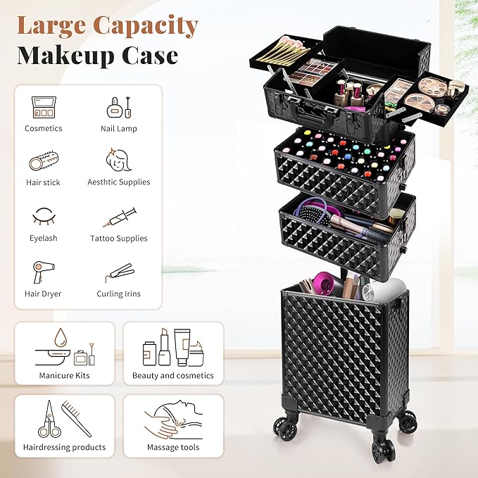 AROUS Rolling Train Makeup Case Cosmetology Case on Wheels, Black