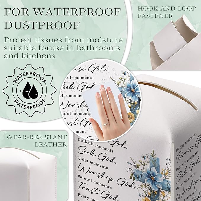 Cross Easter Tissue Box Cover, PU Leather Drawstring Bottom - God Bible Verse, Wildflower Cross Decor, Thank You, Farewell, for Friends, Colleagues, Christians | Decorative Organizer