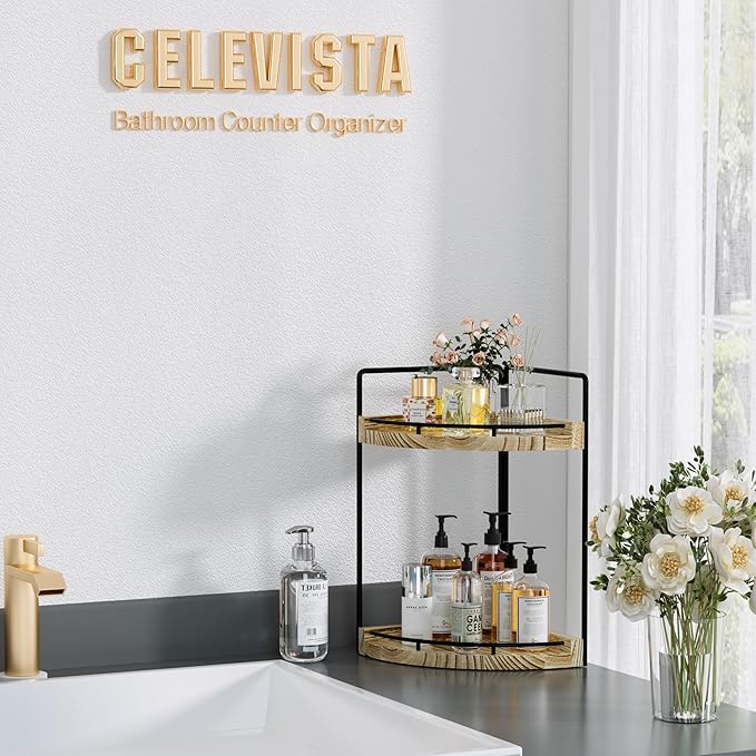 CeleVista Corner Bathroom Counter Organizer, 2 Tier Wood Vanity Storage, Waterproof Skincare Shelf for Kitchen & Toiletries Decor, Dresser (Rustic-2 Tier)