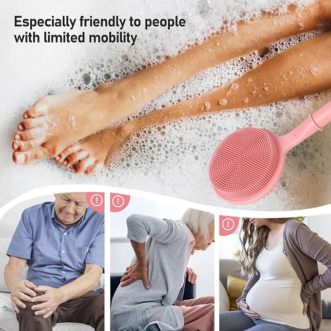 OZNER 24 Inches Silicone Back Scrubber for Shower - Extendable Long Handle Shower Brush with Dual-Sided Bristles - Exfoliating Body Scrubber for Sensitive Skin - Perfect for Men & Women (Pink)
