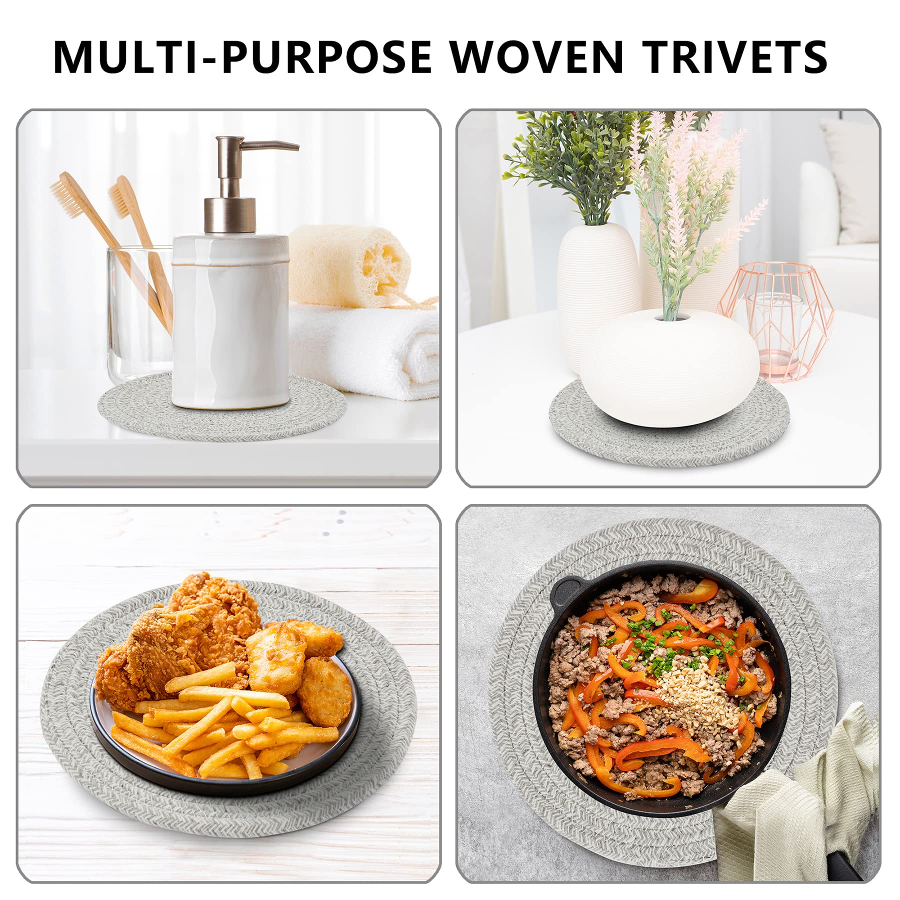 Coga Trivets for Hot Dishes, 5 Pack 7 Inch Cotton Hot Pads for Kitchen with Storage Basket, Round Pot Holders for Kitchen, Heat Resistant Mats for Countertop, Pots and Pans, Farmhouse Decor, Grey