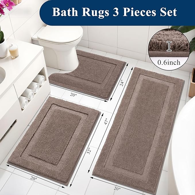 SHACOS Coffee Brown Bathroom Rugs Sets 3 Piece Bath Mat U Shaped Toilet Rug