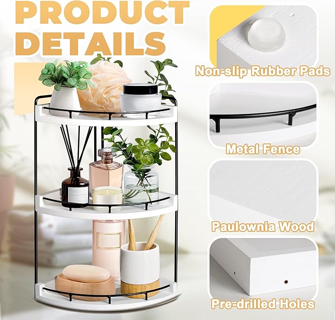 3 Tier Bathroom Counter Organizer, Bathroom Counter Tray and Vanity Organizer, Wood Corner Countertop for Kitchen, Dresser (White)