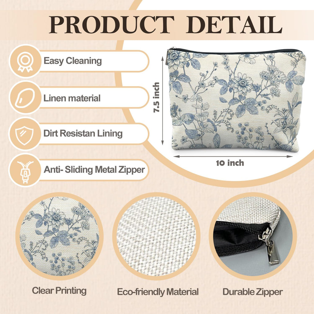 RYYCDOI Vintage Blue Floral Makeup Bag, Chinoiserie Blue and White Floral Cosmetic Bags for Women, Retro Flower Botanical Zipper Makeup Pouch