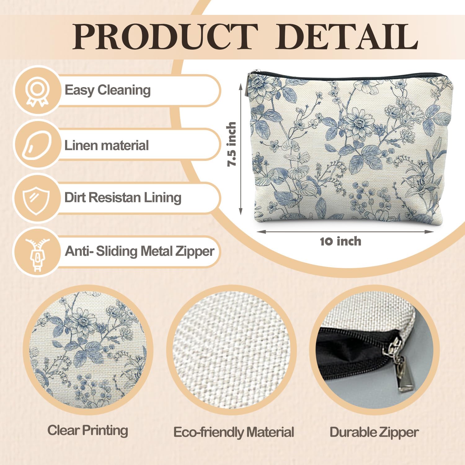 RYYCDOI Vintage Blue Floral Makeup Bag, Chinoiserie Blue and White Floral Cosmetic Bags for Women, Retro Flower Botanical Zipper Makeup Pouch