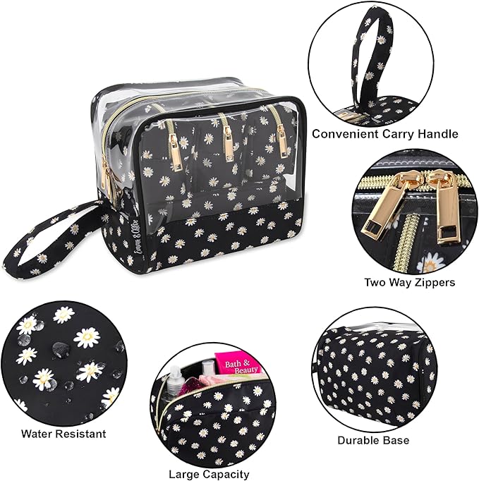 Emma & Chloe Travel Toiletry Bags for Women, 5 Piece Waterproof Cosmetic Case, Bag, Pouch Makeup Organizer Set for Women, Home Counters (Delicate White Daisies)