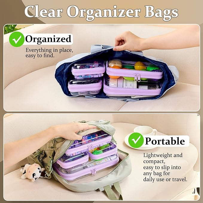 WELPIRT 4 pcs Clear Zipper Pouches,Hard Shell Zipper Case, Toiletry Bag for Travel, CLear Diaper Bag, Toiletry Pouch, Travel Organizer, Cosmetic Bag,Toy Storage Bins (M+3S) (Lavender)
