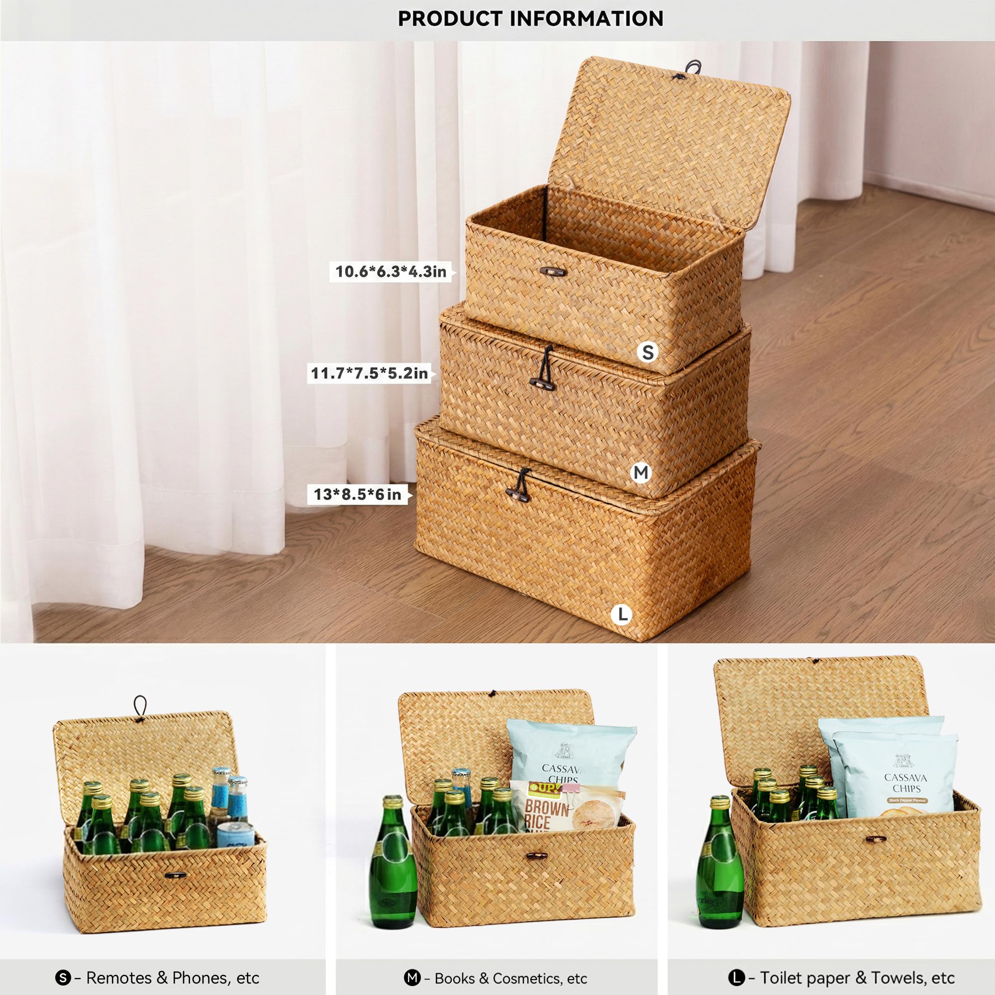 Nonam Storage Basket with Lid, Natural Seagrass Bin with Lid Set of 3, Shelf Baskets Multipurpose Container for Boho Decoration, Rectangular Household Storage Boxes for Home Organization-Natural