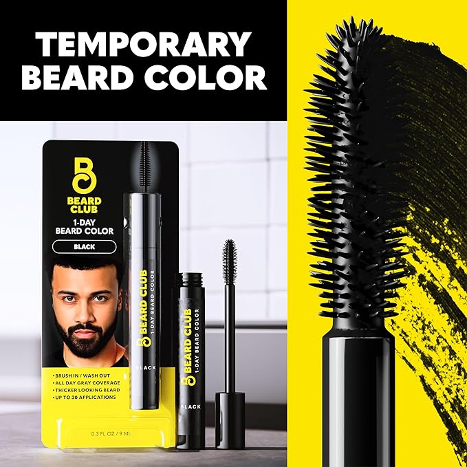 The Beard Club 1 Day Temporary Beard Dye for Men - Black Beard, Mustache & Eyebrow Color for a Fuller, Well-Defined Look, Water & Sweat Resistant, Up to 30 Applications, 0.3 fl oz (Pack of 2)