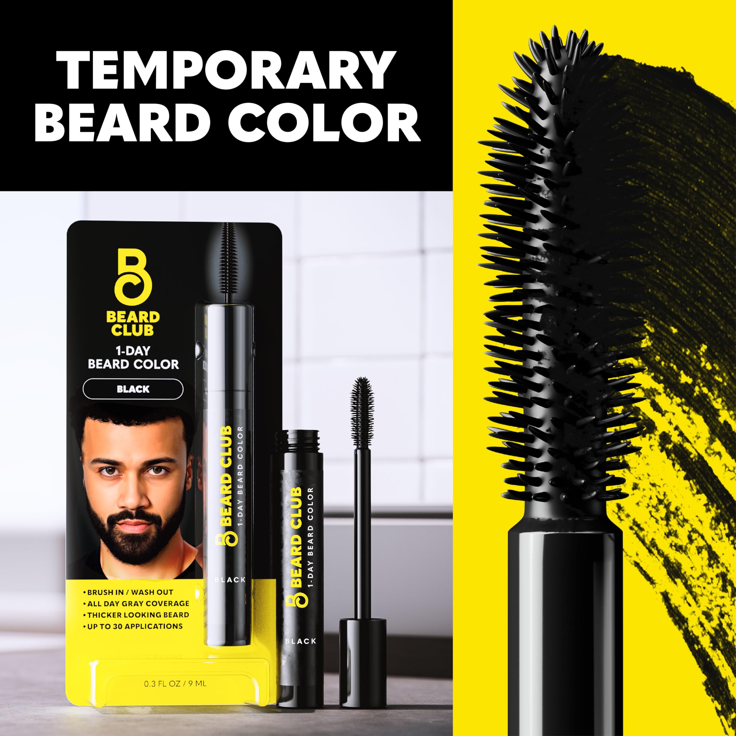 The Beard Club 1 Day Temporary Beard Dye for Men - Black Beard, Mustache & Eyebrow Color for a Fuller, Well-Defined Look, Water & Sweat Resistant, Up to 30 Applications, 0.3 fl oz