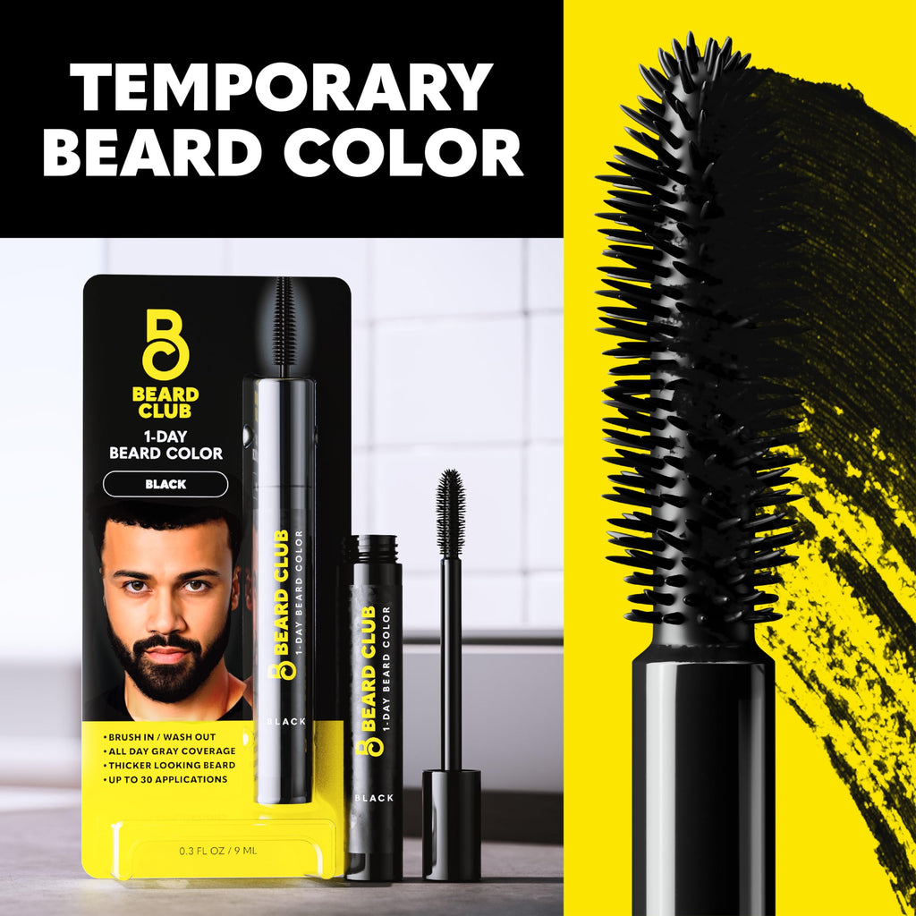 The Beard Club 1 Day Temporary Beard Dye for Men - Black Beard, Mustache & Eyebrow Color for a Fuller, Well-Defined Look, Water & Sweat Resistant, Up to 30 Applications, 0.3 fl oz