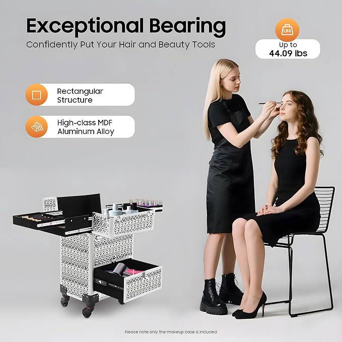 Professional Makeup Case on Wheels with 4 Universal Wheels Rolling Cosmetic Case 13.4 * 9.8 * 18.5in for Salon Travel Silver Mobile Makeup Station with Drawer
