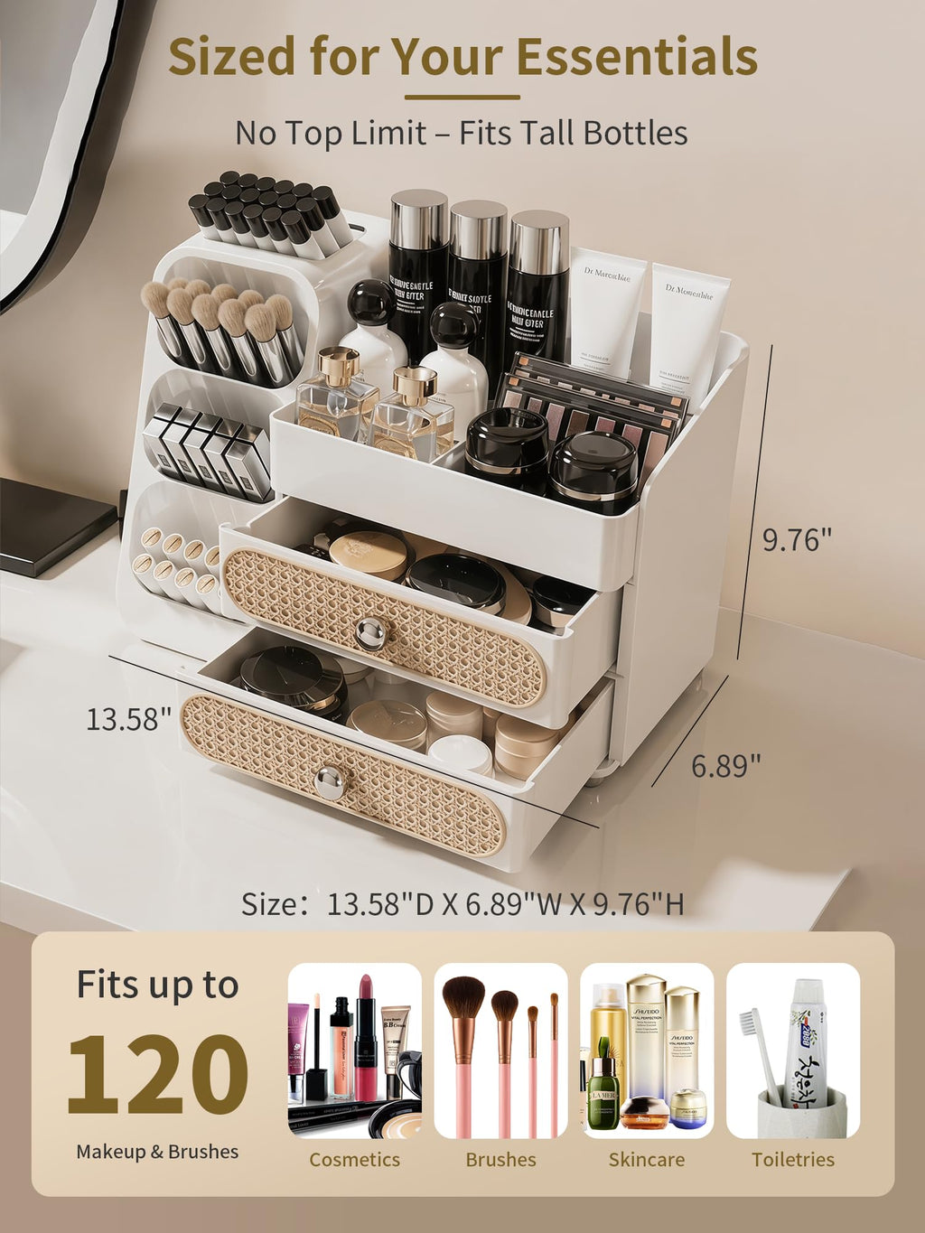 Booklov Large Makeup Organizer for Vanity Countertop, White