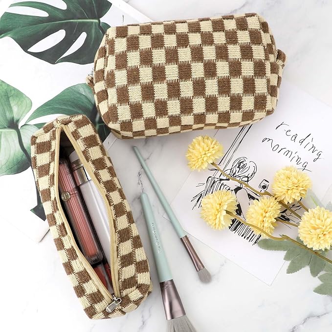 Gocvo 3 Pcs Makeup Bag Cosmetic Bag Set for Girls Women Checkered Travel Organizer Bathroom Toiletry Pouch Large Capacity Storage Bag (Brown)