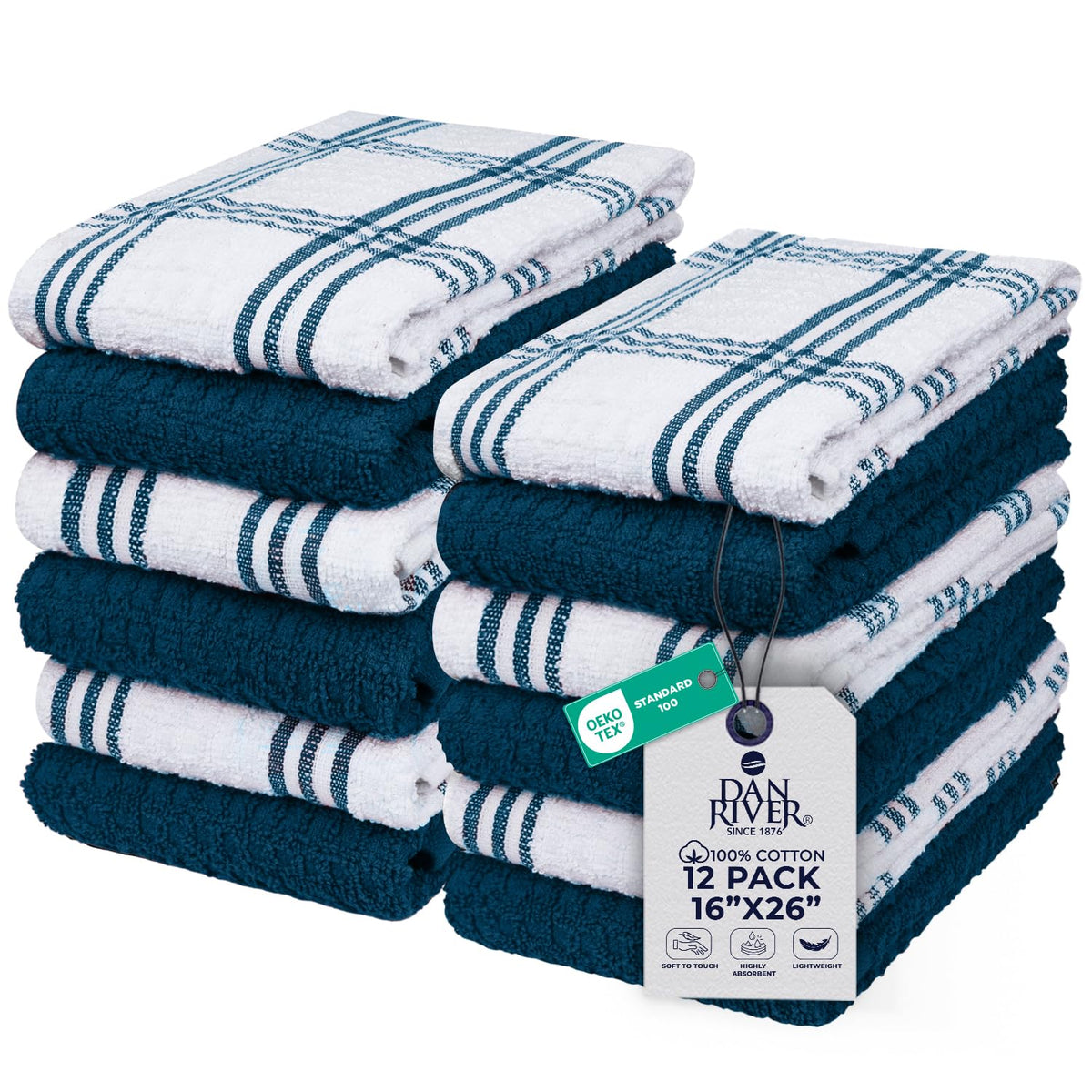DAN RIVER Gray Kitchen Towels, 12 Pack, 16x26 Inches Absorbent Dish Towels