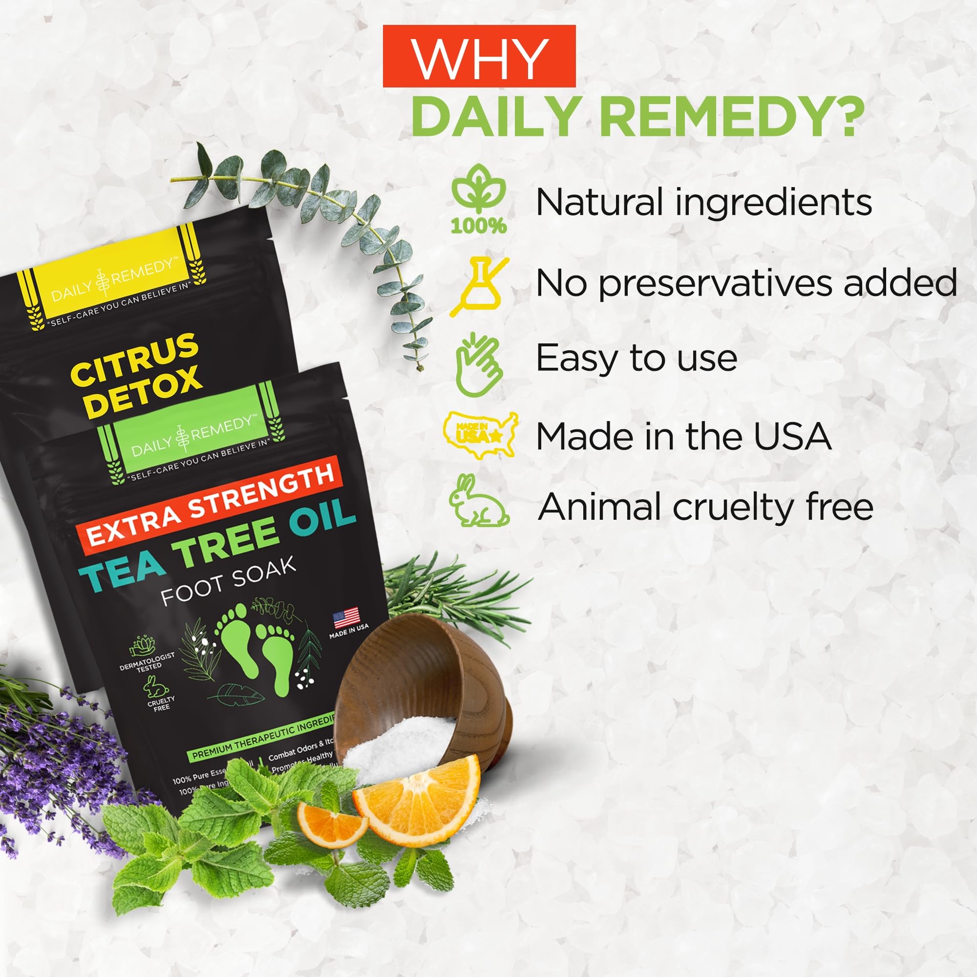 DAILY REMEDY EXTRA STRENGTH Tea Tree Oil & Citrus Detox Foot Soak Set - Made in USA - Soothes Sore Tired Feet, Athletes Foot, Stubborn Foot Odor, Softens Calluses & Refreshes & Detoxifies - Pack of 2