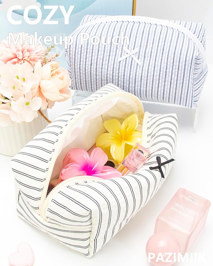 Cozy Makeup Bag for Women,Zipper Cosmetic Pouch,Stripe Black,2 Pack