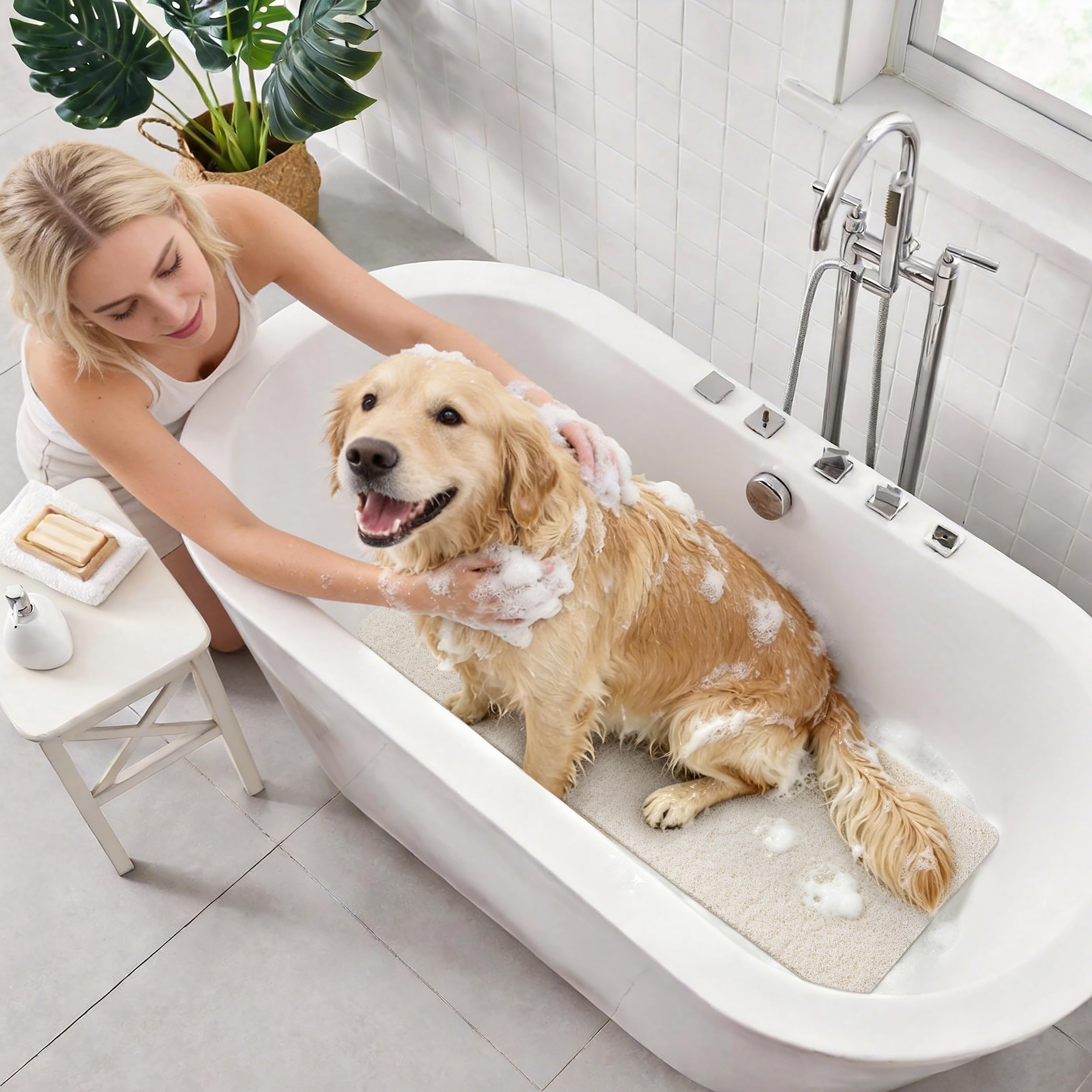 Asvin Soft Textured Bath, Shower, Tub Mat, 47x16 Inch, Phthalate Free, Non Slip Comfort Bathtub Mats with Drain, PVC Loofah Bathroom Mats for Wet Areas, Quick Drying