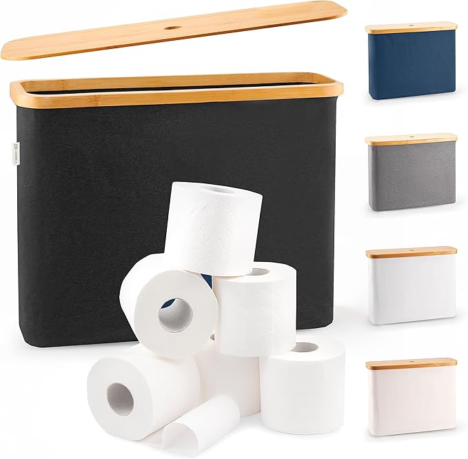 LONBET Toilet Paper Storage for 12 Rolls, Stackable & Foldable - The Ultimate Bathroom Organizer - Waterproof Basket with Bamboo Lid - Elegant Toilet Paper Storage Holder