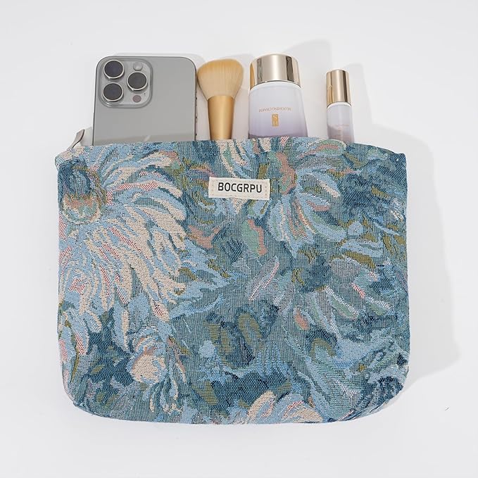 BOCGRPU 2 Pcs Aesthetic Cosmetic Bag Set, Vintage Jacquard Floral Makeup Pouches for Purse Travel, Large Capacity Tapestry Toiletry Organizer with Zipper, Gifts for Women Girls (Oil Painting Blue)