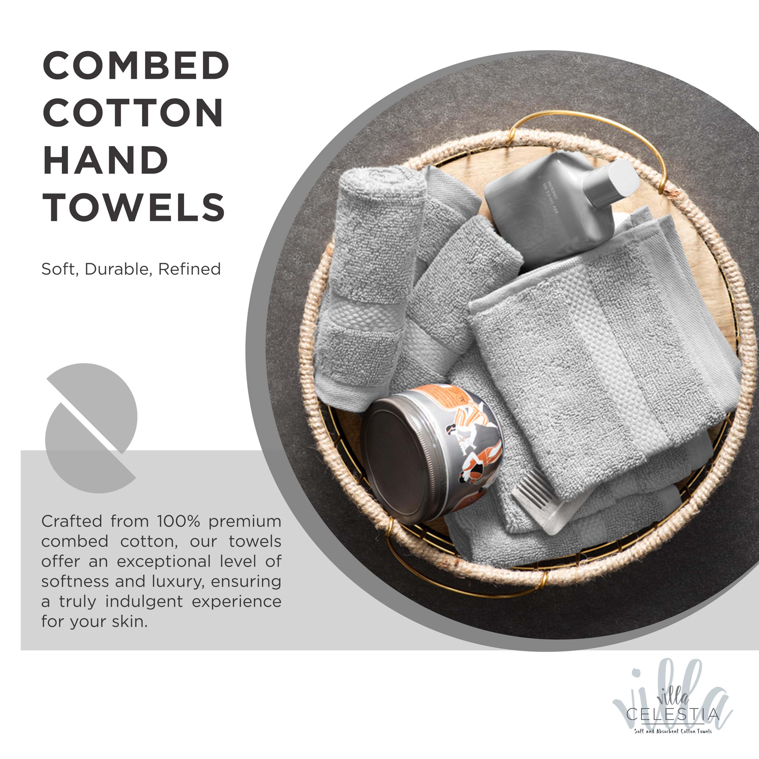 Villa Celestia Cotton Hand Towels Set of 4, 16 x 28, Oeko-TEX Certified, Quick Dry, Silver