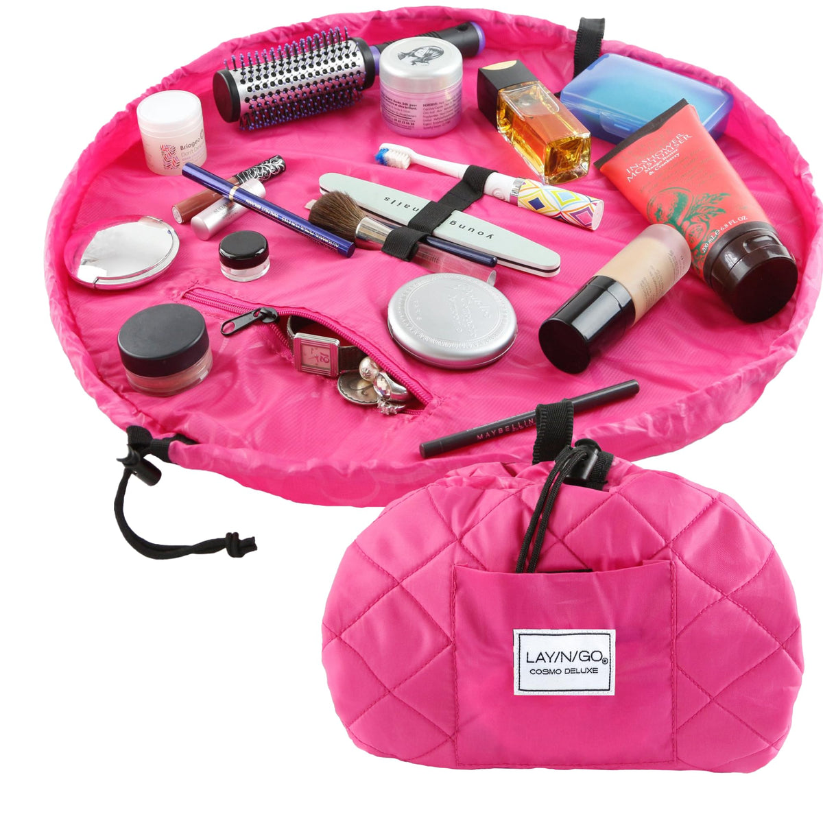 Lay-n-Go Cosmo Layflat Drawstring Cosmetic & Makeup Bag Organizer - Portable Drawstring Makeup Bag w/Zipper Pocket, Makeup Loops & More -Durable, Machine Washable Toiletry Bag (20", Metallic Silver)