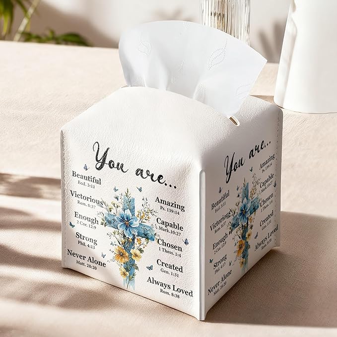 Easter Cross Tissue Box Cover, PU Leather Drawstring Bottom - God Bible Verse, Wildflower Cross Decor, Thank You, Blessing, Farewell, for Friends, Colleagues, Christians | Decorative Organizer