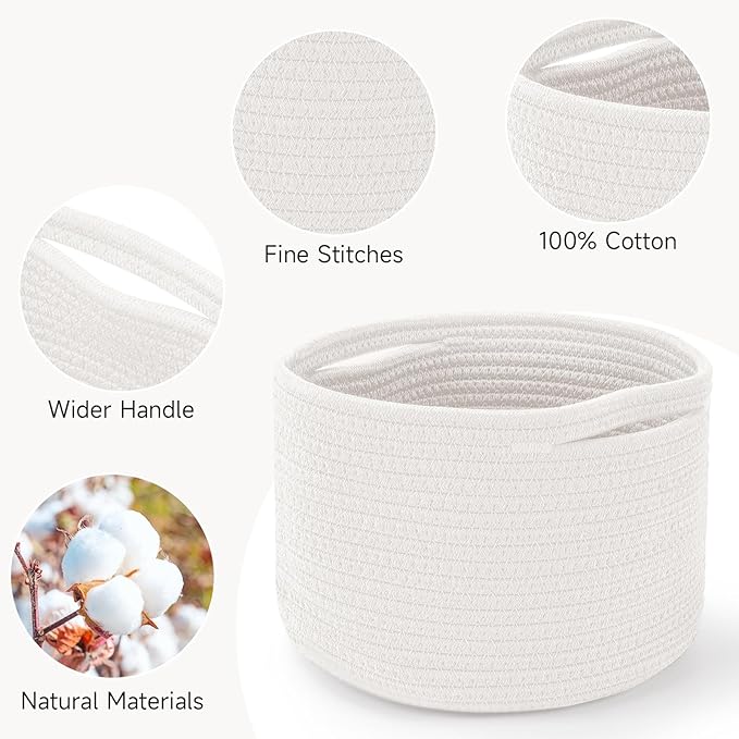 Small Rope Baskets for Storage, Baskets for Gifts Empty, Cute Round Woven Baskets, Decorative Shelf Basket 9.82×9.82×7.1", Cotton Toy Basket Storage Bins for Organizer 3 Packs White