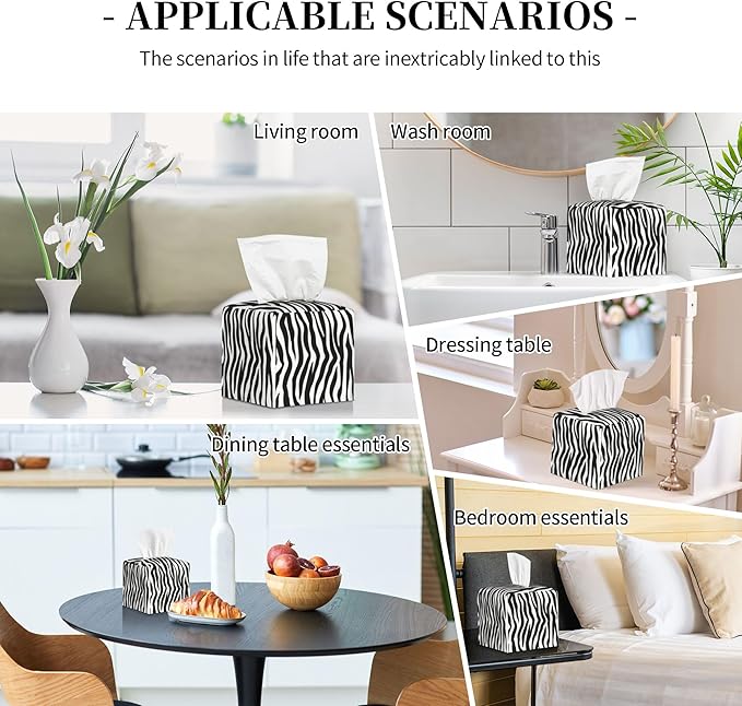 Zebra Stripes Tissue Box Cover Square,Black and White Stripe Tissue Box Holder Waterproof Leather Facial Paper Organizer Dispenser for Bathroom Home Car Nightstand Vanity Desk