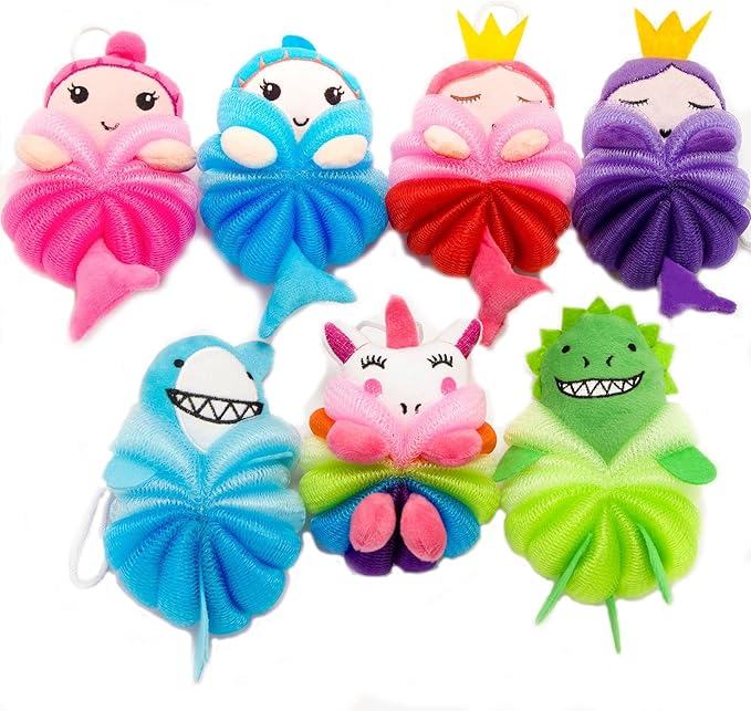 MURRI&MURRDI 4 Pack Kids Bath Sponges - Cute Animal Shower Pouf Set, Gentle Exfoliating Body Scrubber for Toddlers, Cartoon Mesh Loofah Gift for Boys & Girls