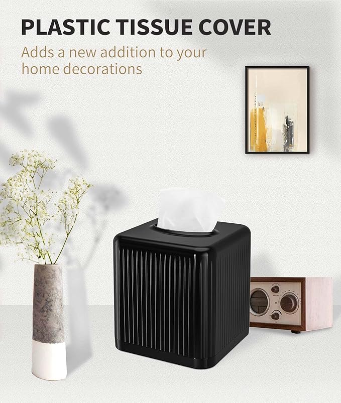 Livelab Square Plastic Tissue Box Holder with Base - Modern Cube Decorative Tissue Cover for Bathroom, Countertop, Living Room, Bedroom, Office - Black