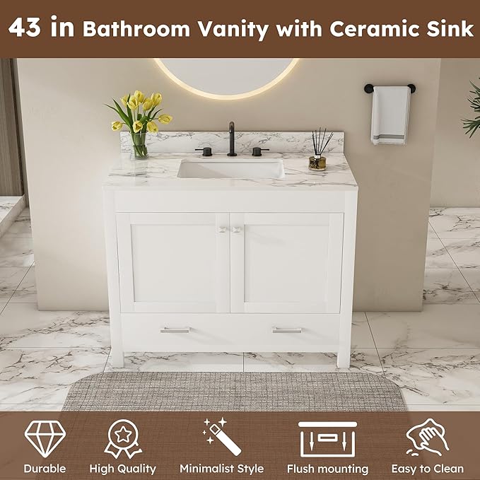 Montary 42" Bathroom Vanity with 43" Sintered Stone Carrara White Top, Modern Stylish MDF Bathroom Storage Cabinet, Vanity Set with 2 Doors and One Large Divided Drawer, White (Three Holes)