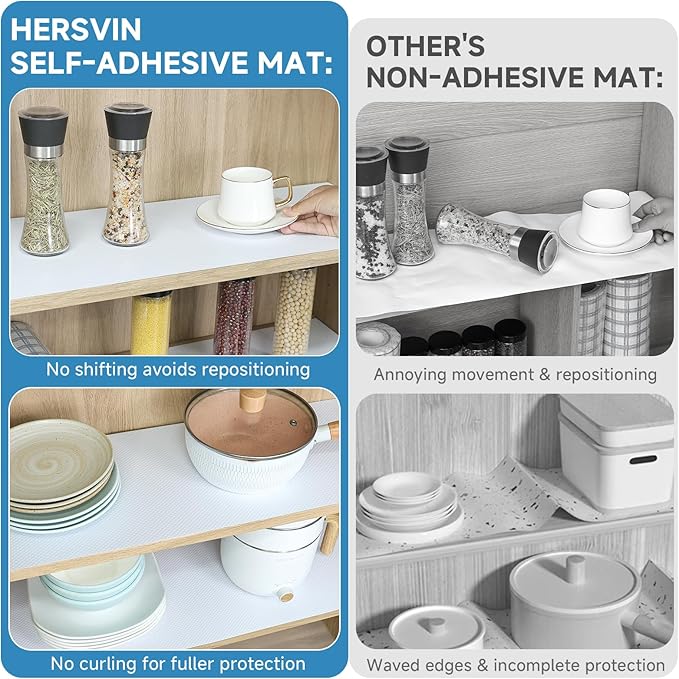 Hersvin Shelf Liners 12 in x 20 ft Self-Adhesive EVA Drawer Mats, Cupboard Protector, Kitchen Cabinet Lining Fridge Liner (White Flat Dot, 30.5x610cm)