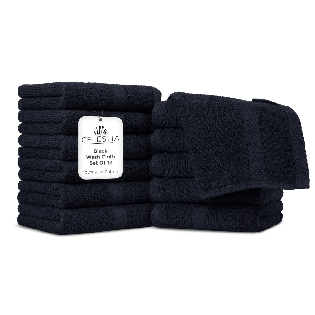 Villa Celestia 100% Cotton Wash Cloth for face & Body Set of 12, (12 x 12 inches) Sustainable, Soft, Highly Absorbent, Combed Cotton Wash Cloths Pack of 12 for Hotels, Spa, Bathroom, Dorm, Black