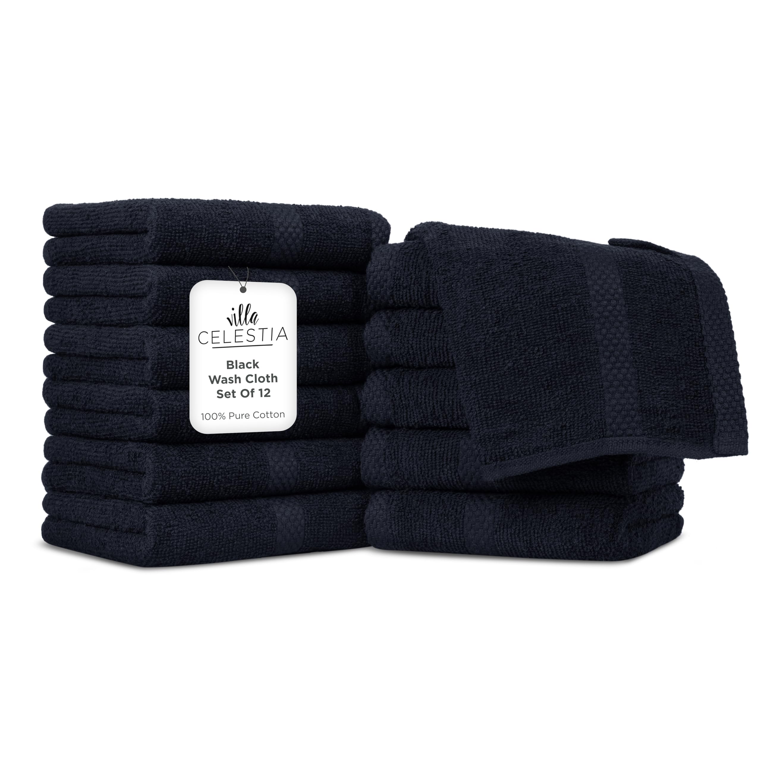 Villa Celestia 100% Cotton Wash Cloth for face & Body Set of 12, (12 x 12 inches) Sustainable, Soft, Highly Absorbent, Combed Cotton Wash Cloths Pack of 12 for Hotels, Spa, Bathroom, Dorm, Black