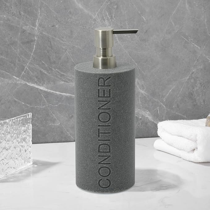 Indecor Home Resin Neutral Gray Sandstone Conditioner Engraved Bottle Refillable Pump Dispenser, Durable Waterproof Resin Construction for Bath, Shower - Gray Sandstone Satin Nickel Pump